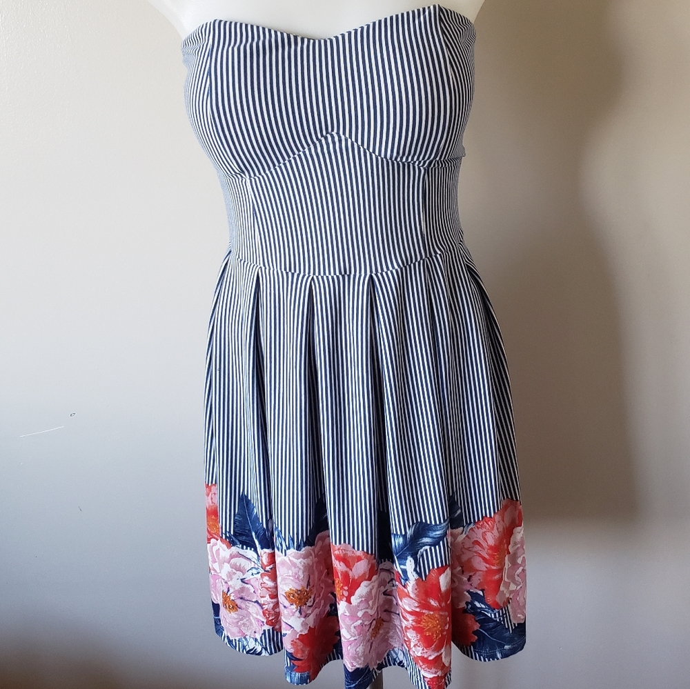 Blue Striped Floral Dress with Removable Straps - Picture 4 of 16